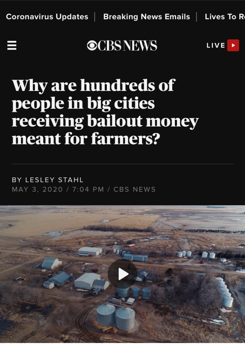 △美国CBS电视台调查节目表示，许多大城市的人获得了本应属于农民的农业补助。