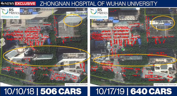 黄色圈出部门可以比拟出,2018年和2019年卫星图拍摄角度差别