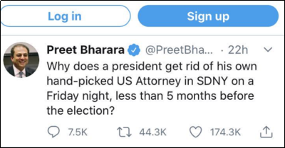 前纽约南区联邦检察官巴拉拉发表推文,指出伯曼革职的时间点与态势都不同寻常