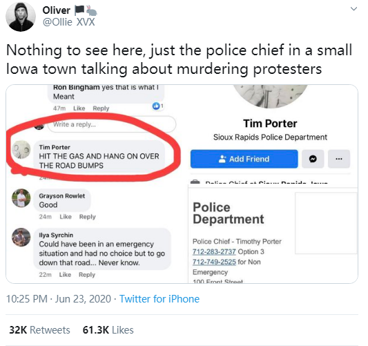 网友Oliver截图发在了推特:“爱荷华小镇警察局长发表谋杀抗议者言论。”这条推特已被转推3.2万次。