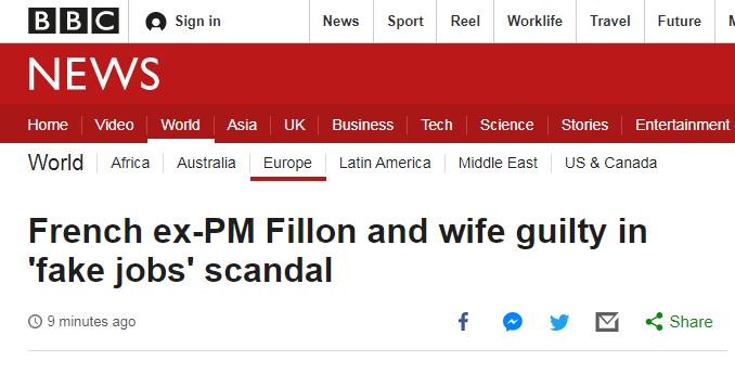 BBC:法国前总理菲永夫妇因“空饷”丑闻被判有罪