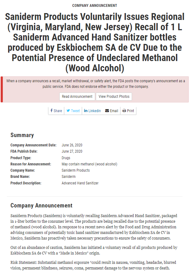 FDA:因担心有甲醇残留 Saniderm一款洗手液被召回