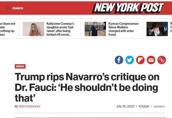 纳瓦罗炮轰福奇 特朗普回应：我和福奇关系非常