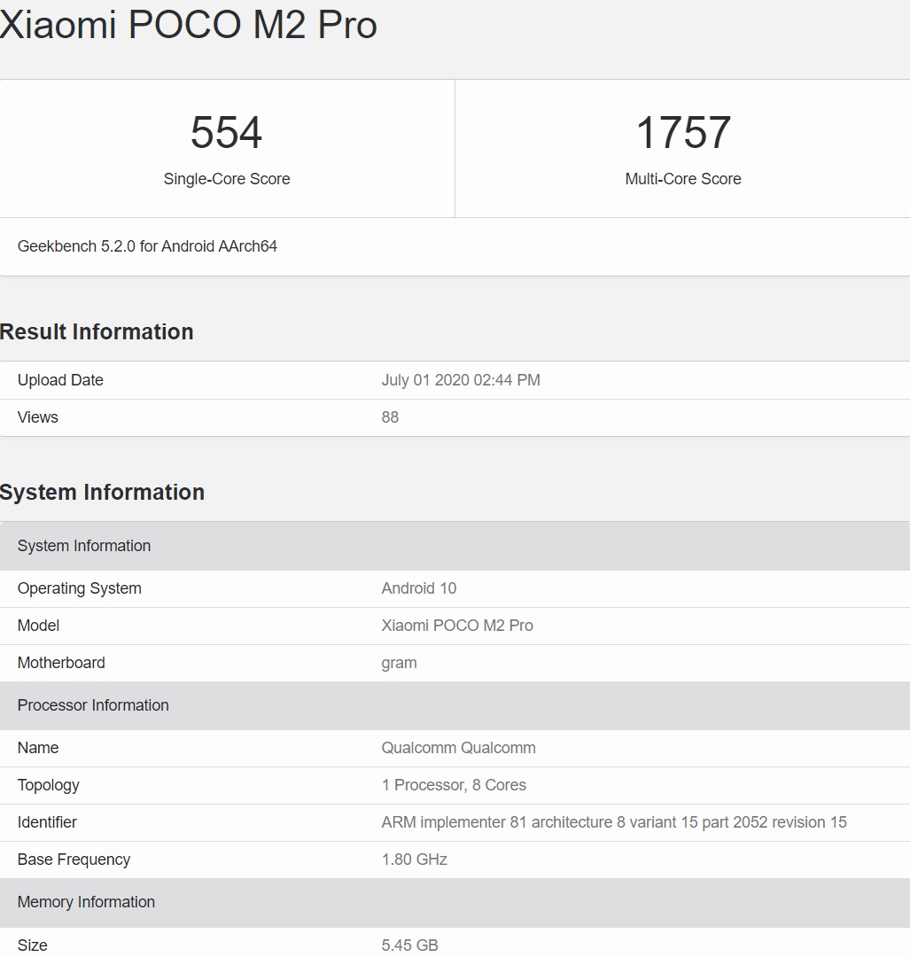 小米PocoM2现身GeekBench高通8核处理器+6GB运存