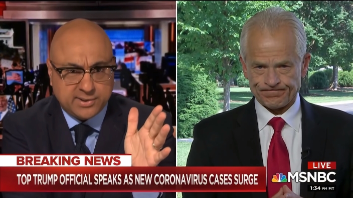 MSNBC主持人维尔希(左)质疑纳瓦罗(右) 视频截图
