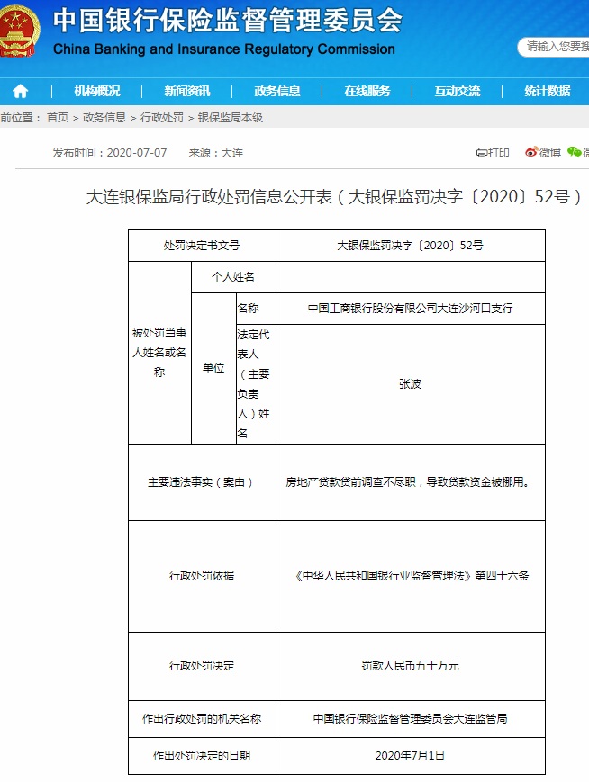 贷前调查不尽职致资金被挪用 工行一支行被罚50万