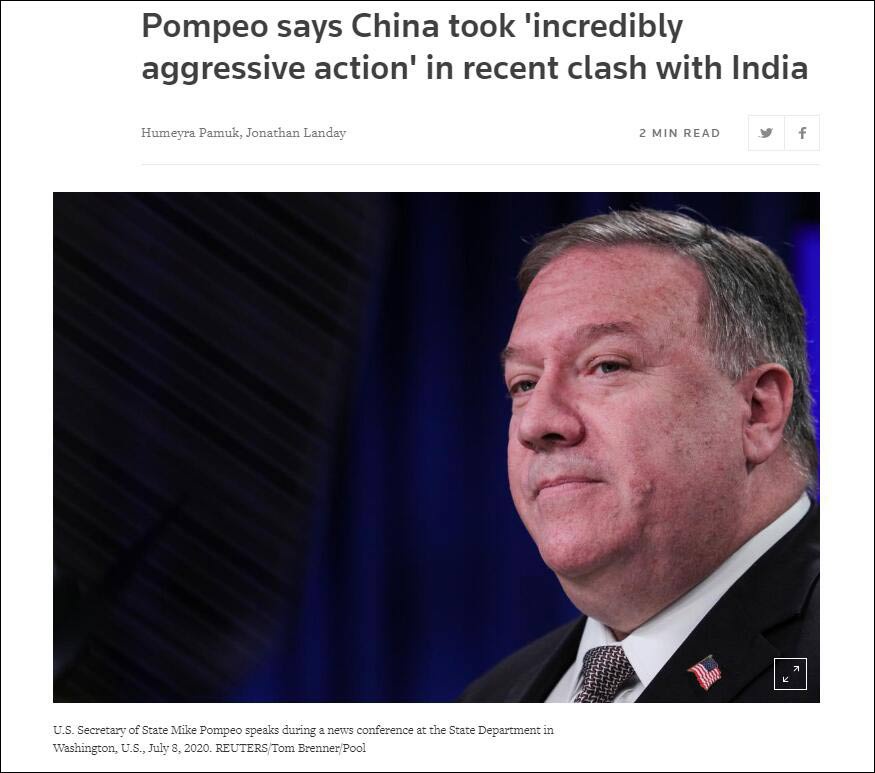 报道截图:蓬佩奥称中国在近期与印度的争端上采取了“难以置信的侵略性行动”