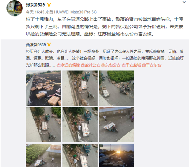 网友曝高速公路遇车祸后7吨猪肉遭哄抢 警方:将严肃处理违法者