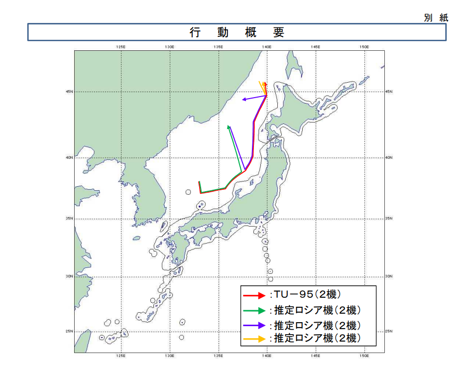 日本防卫省发布的8月19日俄罗斯战机飞行路线