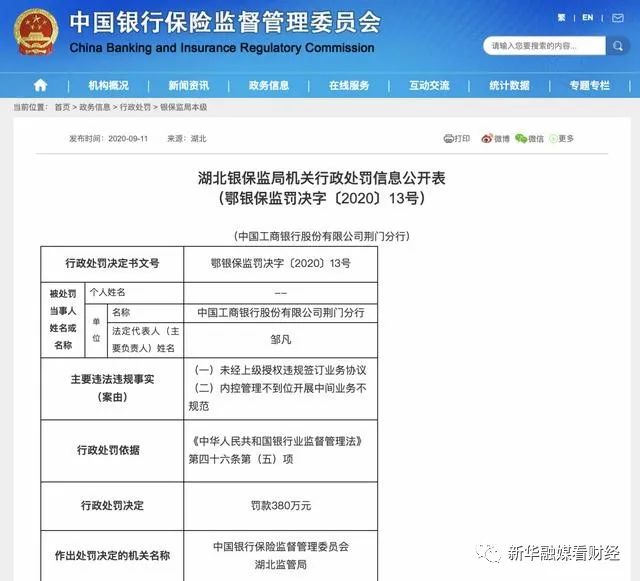 22张罚单剑指工商银行湖北三家分支 共罚3530万元