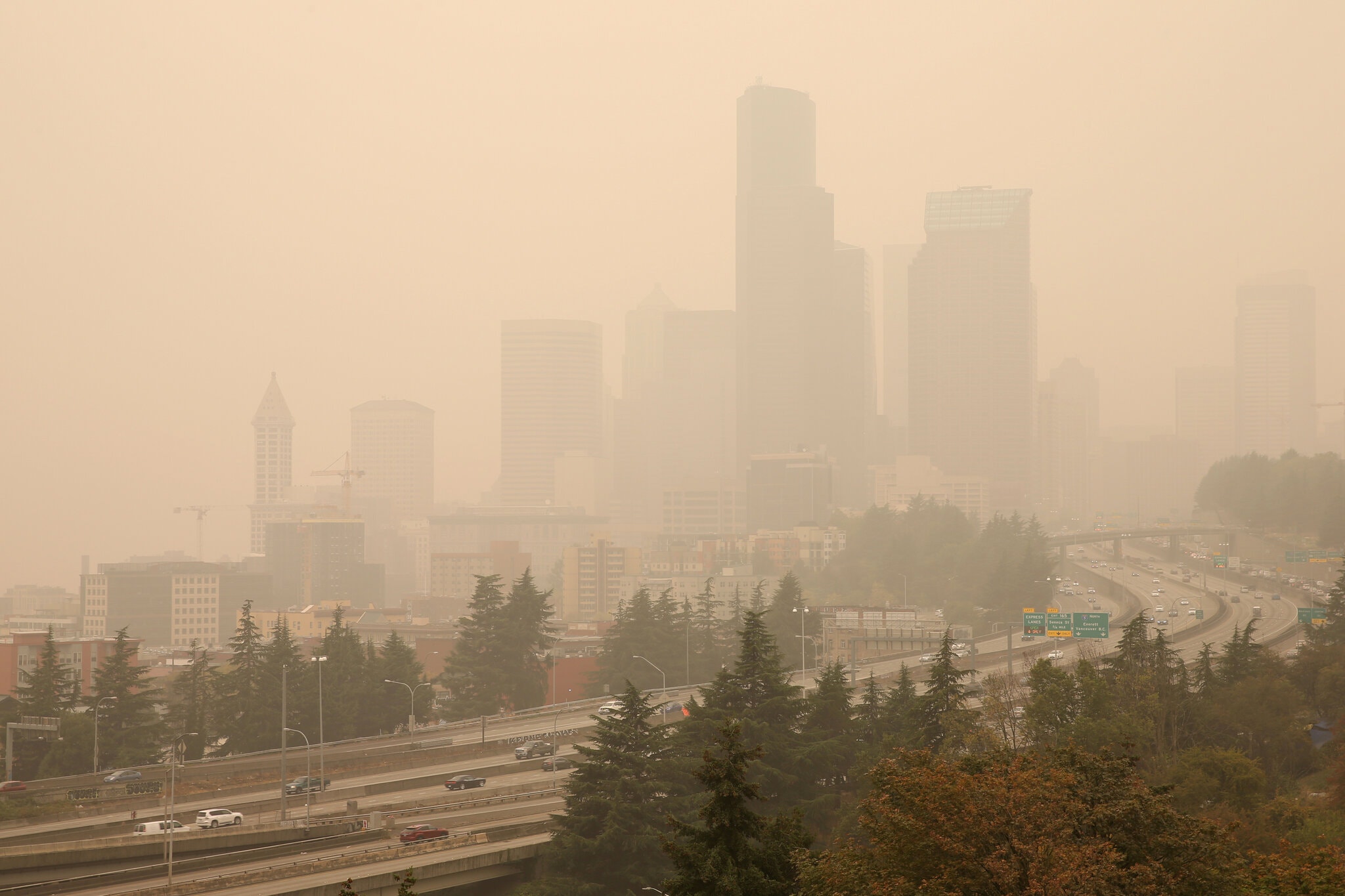 △山火产生的烟尘笼罩着华盛顿州西雅图市 图片来源:《纽约时报》