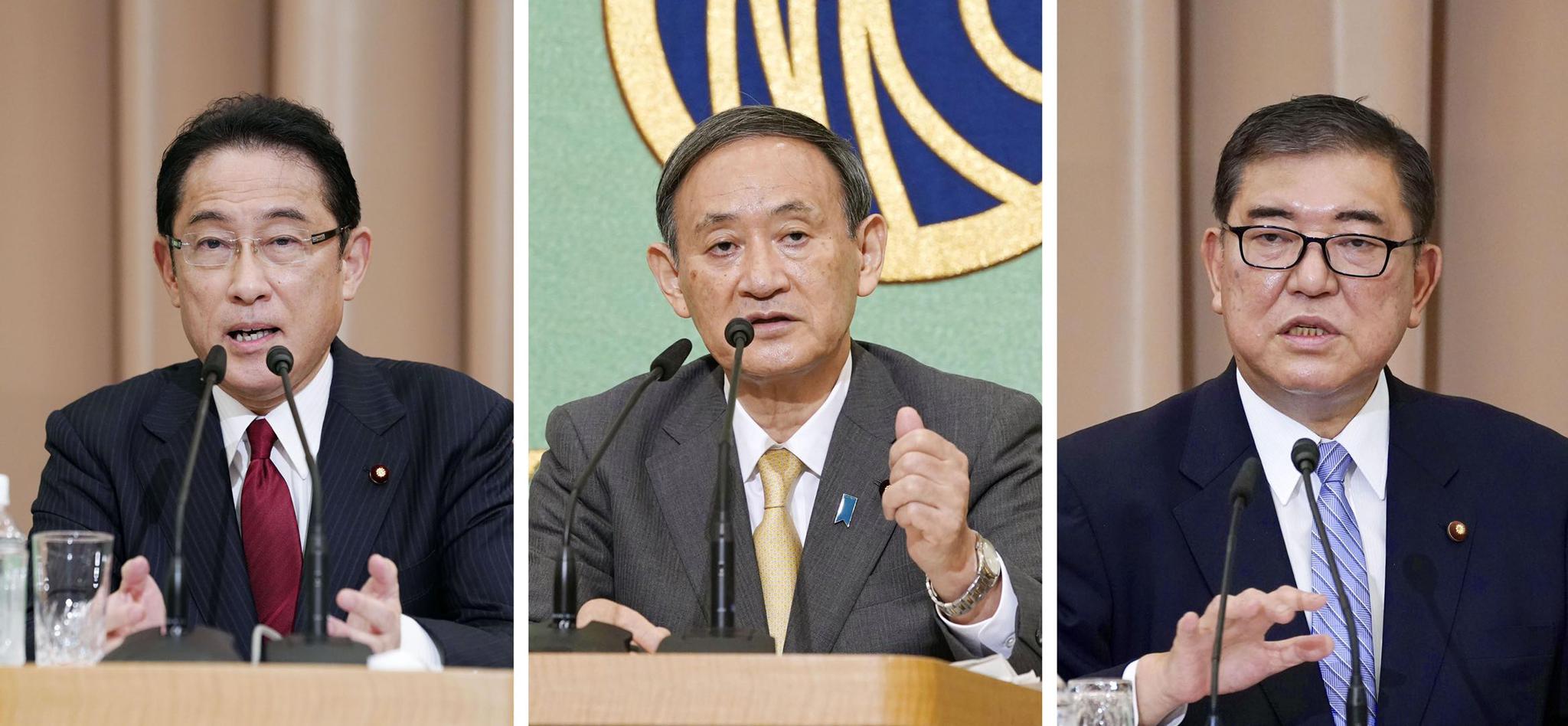 △岸田文雄(左)、菅义伟(中)、石破茂(右)