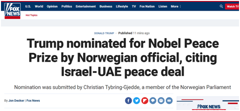 美媒:特朗普被挪威议员提名2021年诺贝尔和平奖