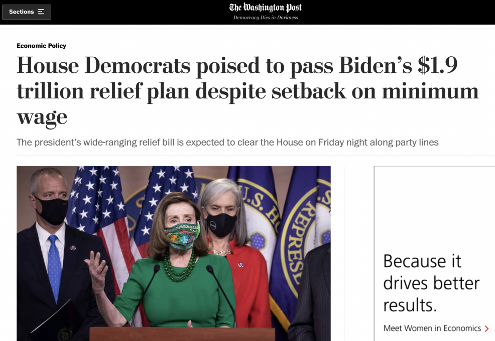△《华盛顿邮报》报道,尽管在最低工资问题上受挫,众议院民主党人仍将通过拜登的1.9万亿美元纾困计划