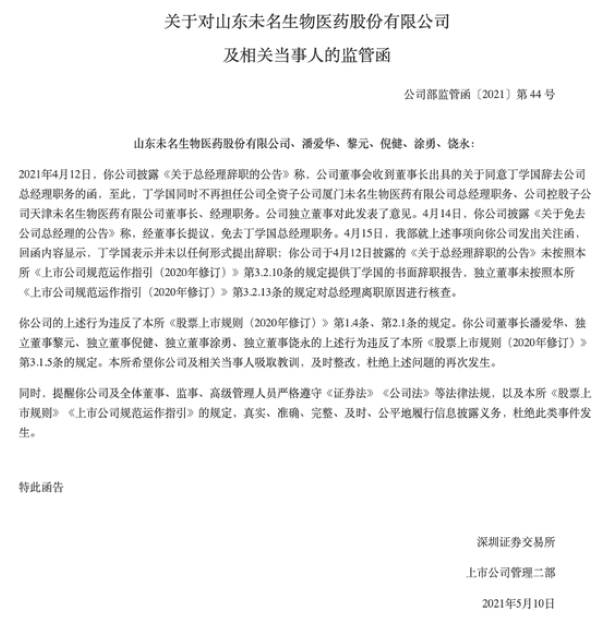 未名医药5月10日收到的监管函