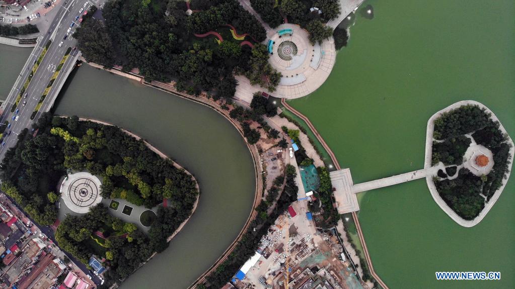 Aerial photo taken on July 6, 2021 shows a view along the Grand Canal in Cangzhou City of north China's Hebei Province. Authorities in Cangzhou City has been actively promoting the Grand Canal culture by improving scenery along the watercourse so that visitors may have close experience with its beauty. (Xinhua/Luo Xuefeng)