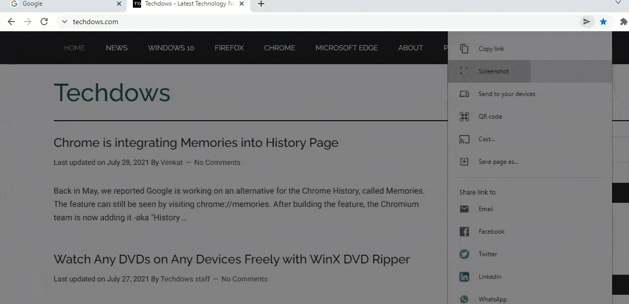 到分享菜单中,该选项允许快速分享电子邮件,社交网站和其他设备的链接