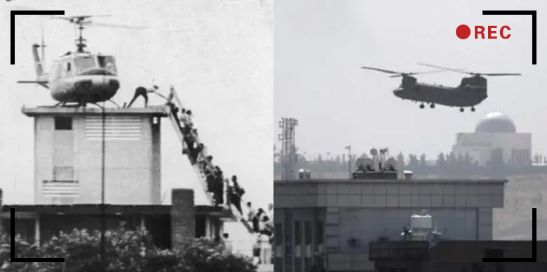 左:美国1975年撤离越南西贡(胡志明市);右:美国2021年撤离阿富汗喀布尔