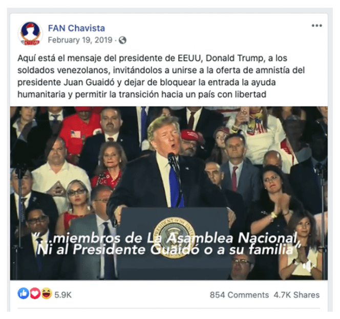 △委內瑞拉反對派在CLS戰略運營的Facebook賬號(“查韋斯粉絲”)上發表了大量反對馬杜羅政府的言論。圖片中的賬號後來被臉書封禁。