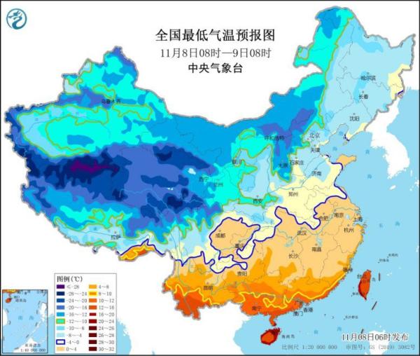 全国最低气温预报图(11月8日08时-9日08时) 来源:中央气象台网站