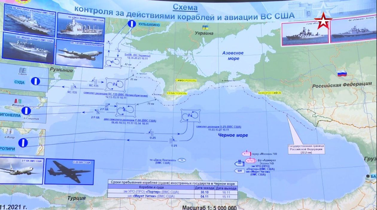 俄罗斯国防部展示的北约当前在黑海地区活动形势图
