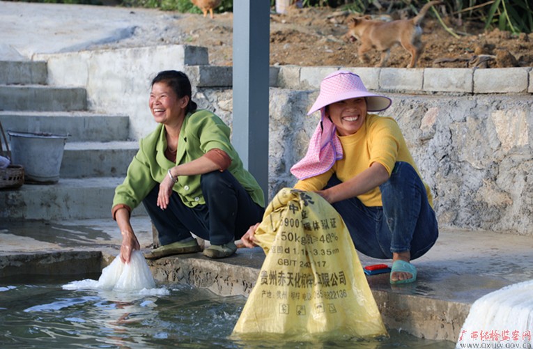 图为村民们在洗桑池前清洗养桑蚕用具。
