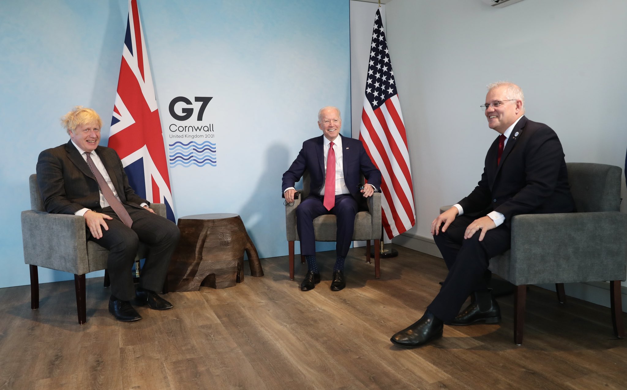 美英澳领导人在今年6月的G7峰会上会晤 图自社交媒体