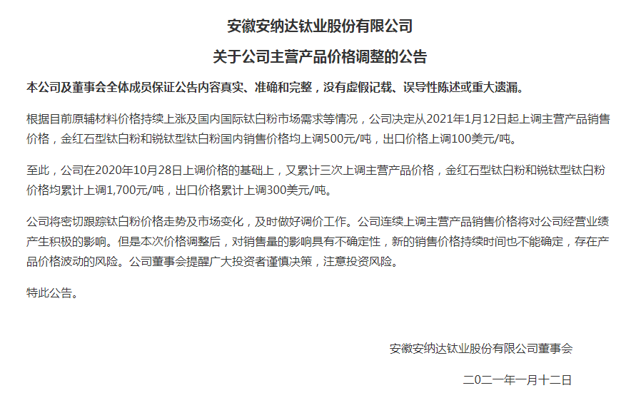 新一轮涨价潮:钛白粉龙头涨价后创新高 两公司宣布跟涨500元/吨