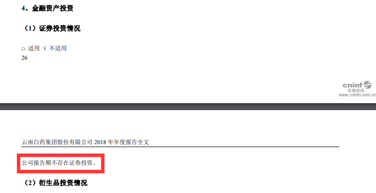 2018年，云南白药还没有证券投资。图片来源：年报截图