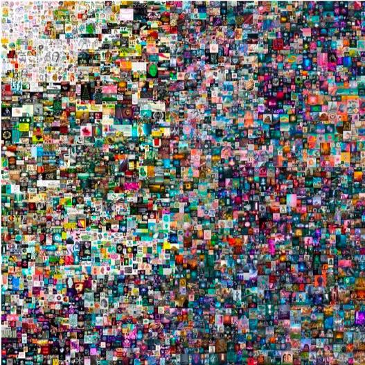 Beeple”以约合人民币4.51亿元的高价售出的作品《每一天:前5000天》,NFT(jpg),21069 x 21069像素,2021年2月16日作,独一无二。此作是耗费5000多天创作而成的巨型拼贴作品。图源:佳士得官网。