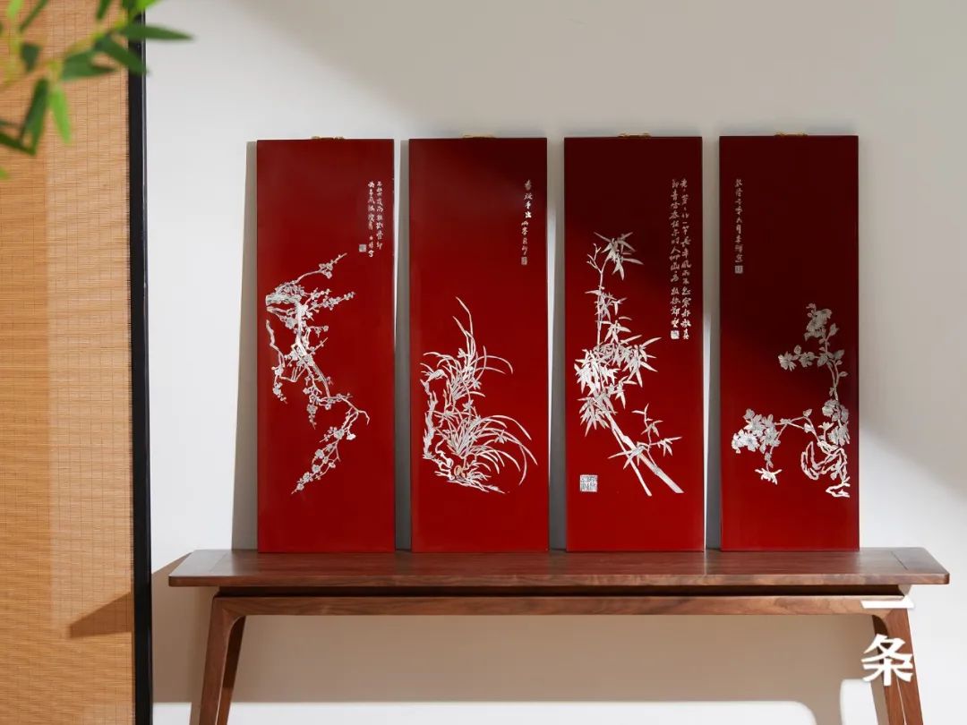 中国象嵌螺鈿装飾山水人物文硯屏V4496