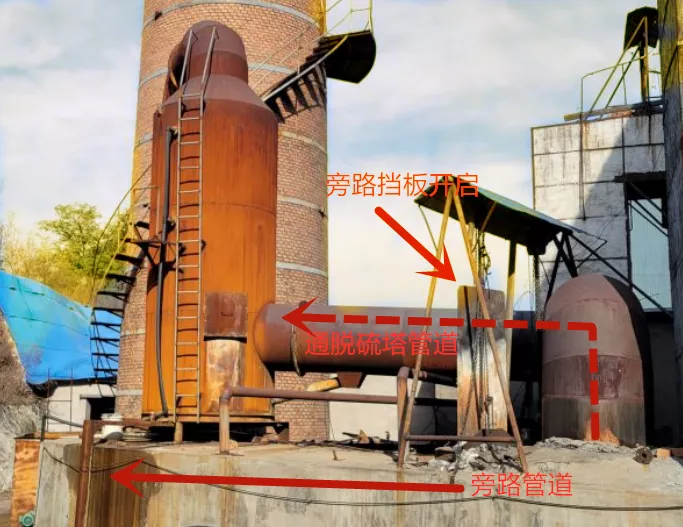 图6 葫芦岛鑫宏达碳素制品有限公司旁路挡板处于开启状态，煅烧炉废气经旁路烟囱直排