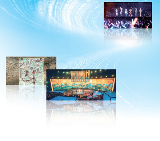 　　图片自左至右依次为数字敦煌展览、文化节目《国家宝藏》现场、虚拟歌手演唱会。　　制图：蔡华伟