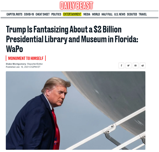 《野兽日报》:据《华盛顿邮报》,特朗普幻想在佛罗里达建一座价值20亿美元的总统图书馆和博物馆