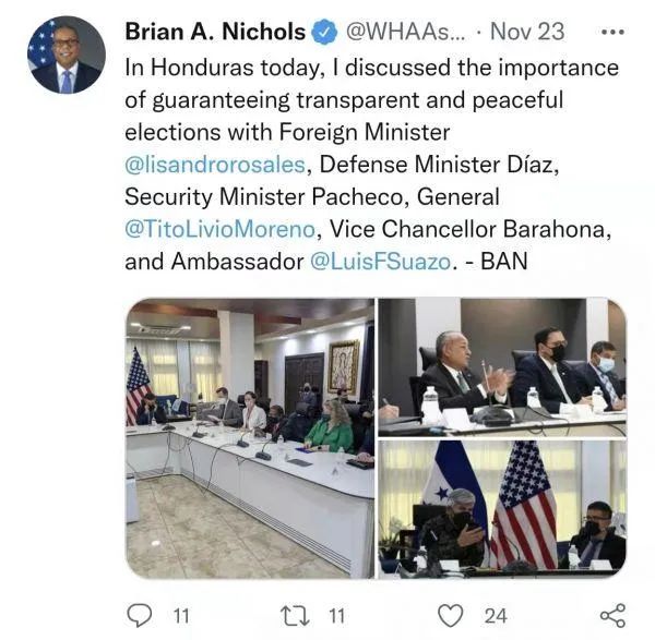 尼科尔斯代表美国干涉洪都拉斯选举  图：尼科尔斯推特截屏