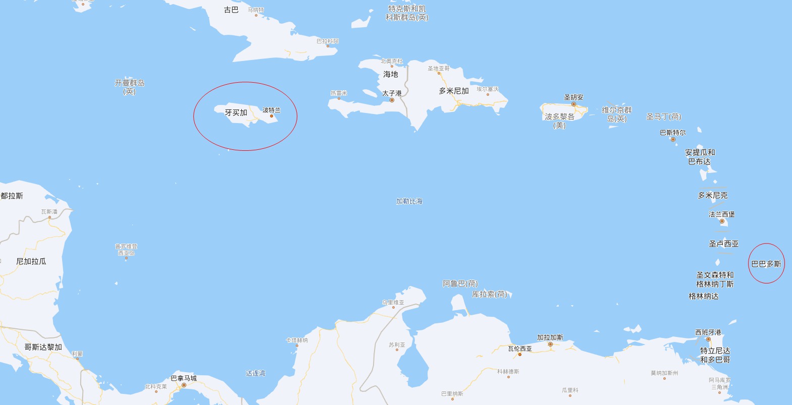 巴巴多斯和牙买加（红圈）的位置