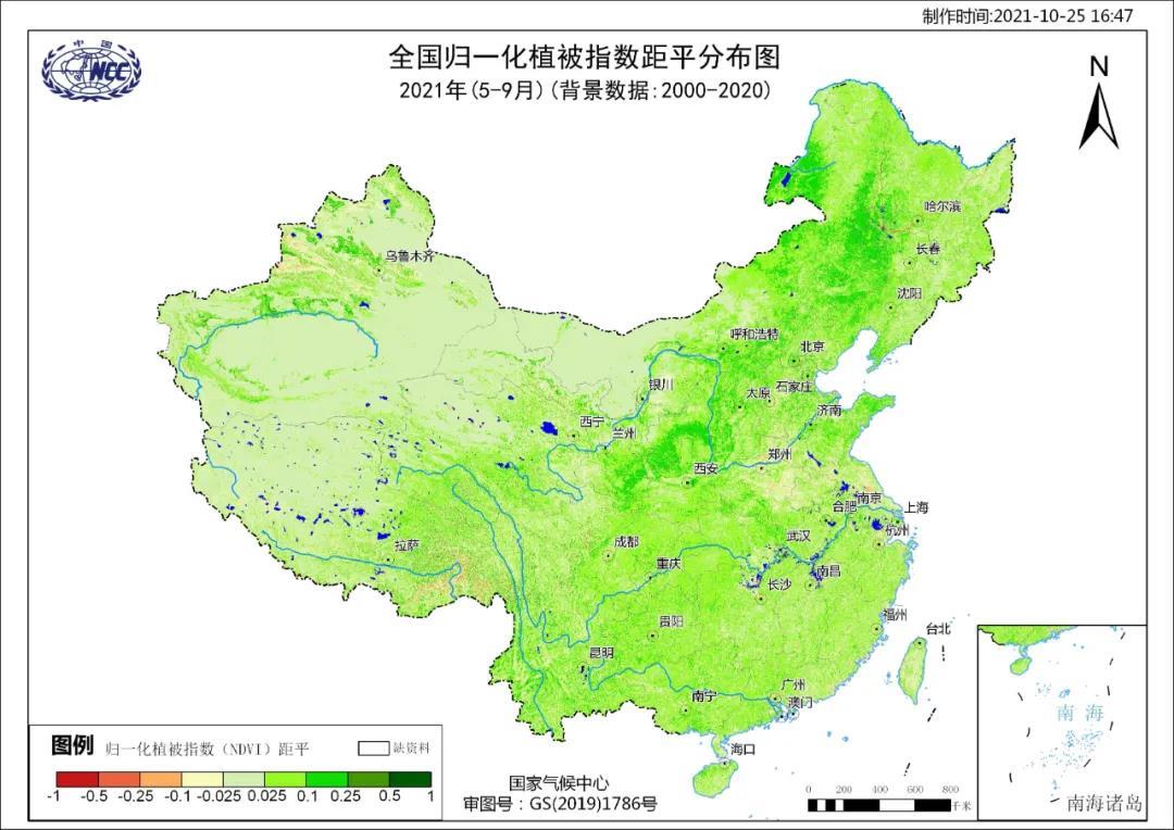 图2：2021年5月-9月中国植被指数距平分布