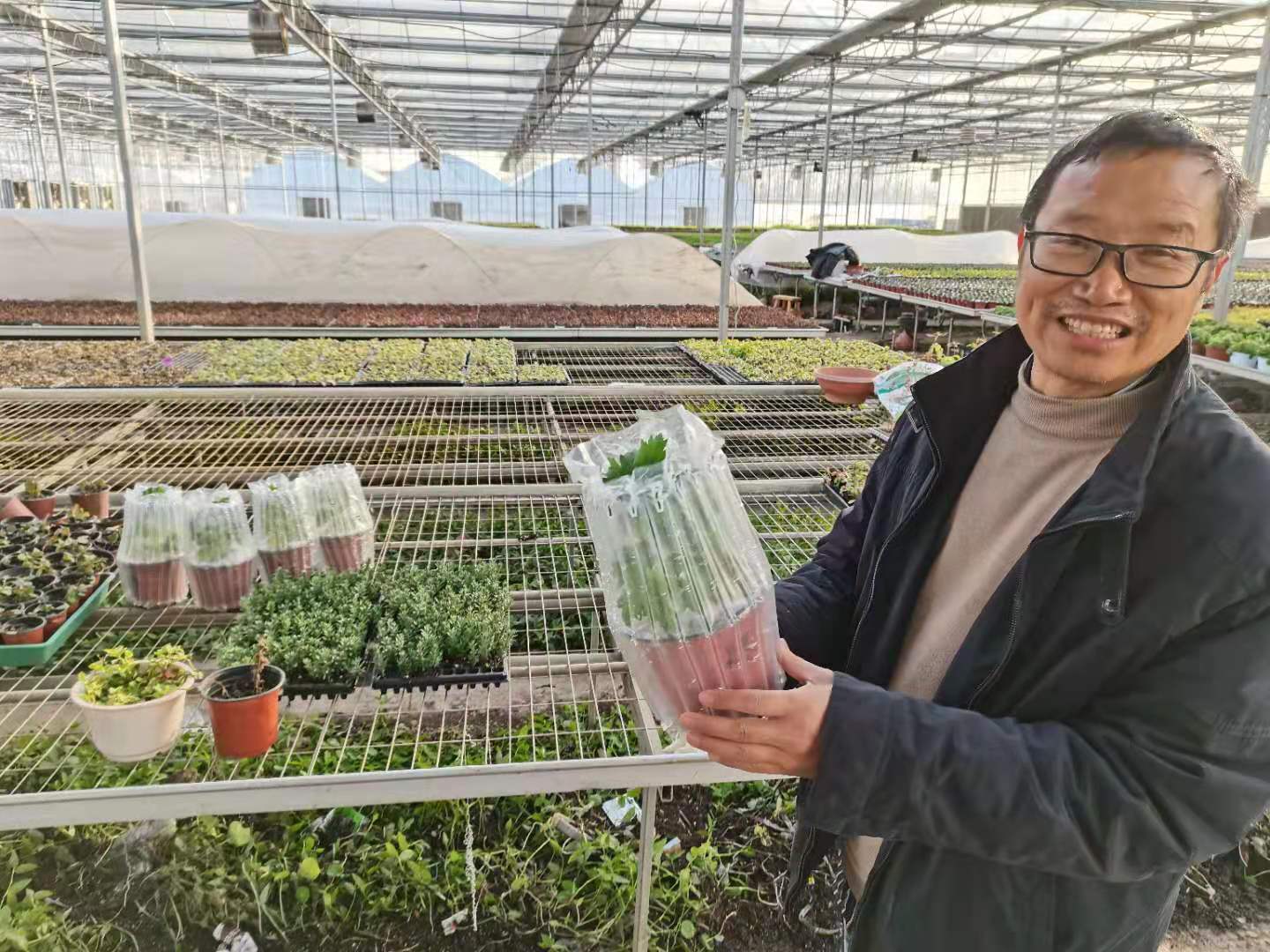 章利民手拿包装好即将通过电商发货的花卉。 南报融媒体记者 查金忠 摄