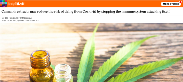 声称“大麻制品有助于预防新冠”的报道,图源:英国《每日邮报》