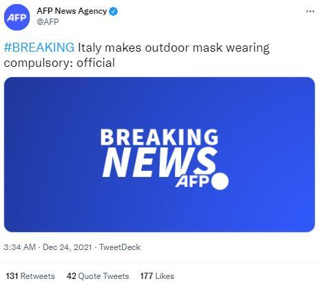 外媒：意大利将在全国实施“户外强制口罩令”