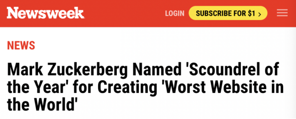 新闻周刊：马克·扎克伯格因创建“世界上最糟糕的网站”获评“年度恶人”