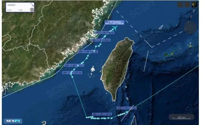 11月29日，美海军P-8A反潜巡逻机穿越台湾海峡的路线。