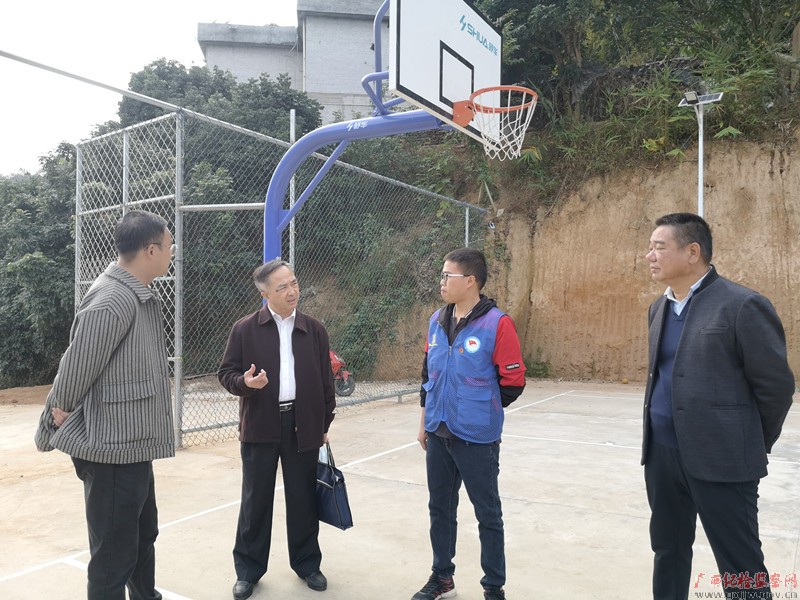 驻自治区体育局纪检监察组调研组查看村级篮球场。