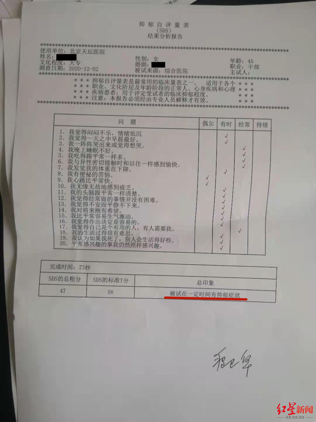 ▲北京天坛医院出具的赵丹的抑郁自评测量表结果分析报告