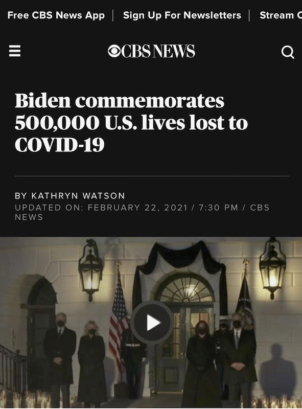△哥伦比亚广播公司报道,美国总统拜登为死于新冠肺炎的50万美国民众举行纪念仪式