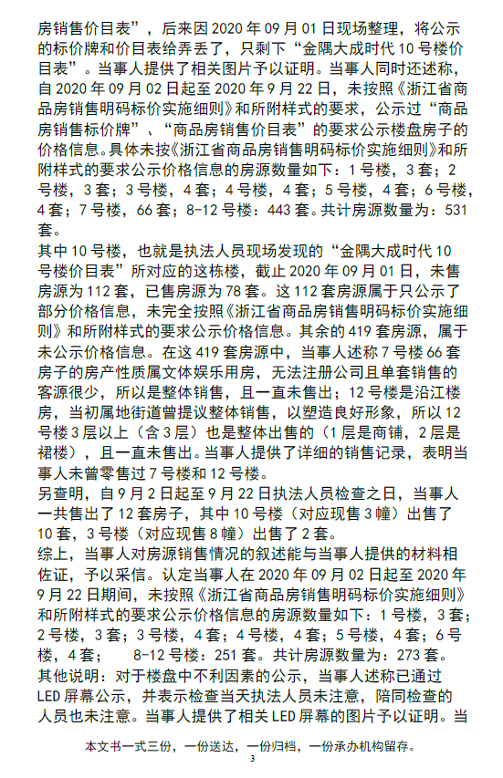 宁波金隅大成时代项目违法遭处罚 售楼未能明码标价