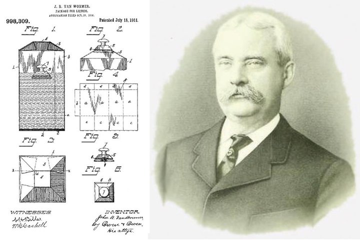 ▲ 约翰·R·范·沃尔默(John R.Van Wormer)和他在 1911 年设计的牛奶盒图纸。 图片来自:sha