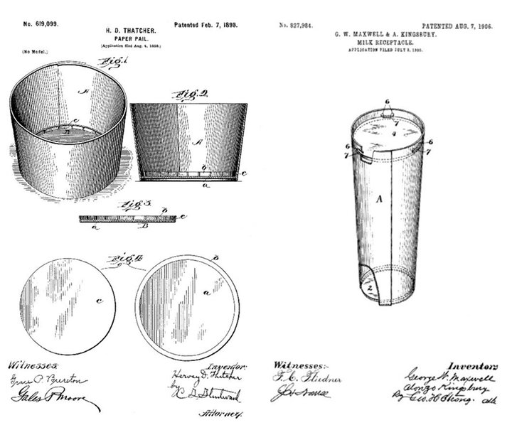 ▲ 1896 年获得专利的 Parafinned Pail 和 1906 年获得专利的 Milk Receptacle。 图片来自:sha