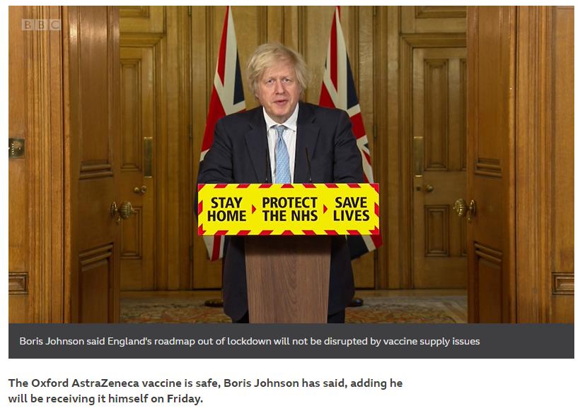 △约翰逊在18日疫情发布会上表示将于次日接种阿斯利康疫苗