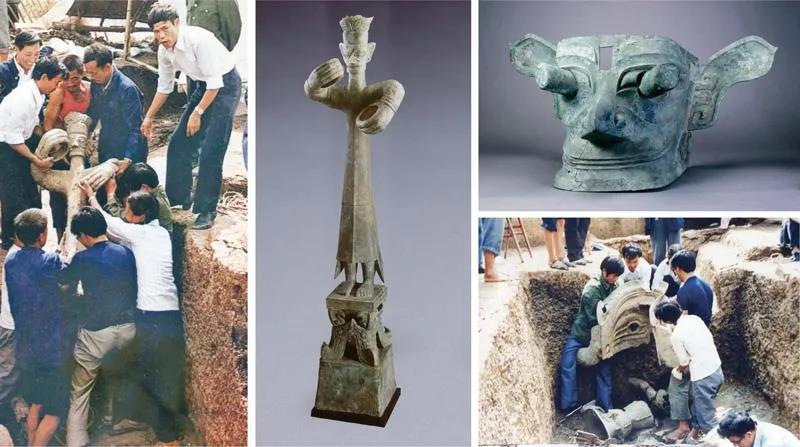 图为1986年三星堆遗址一、二号祭奠坑挖掘现场,以及出土的铜大立人像和铜纵目面具。(泉源:求是网)
